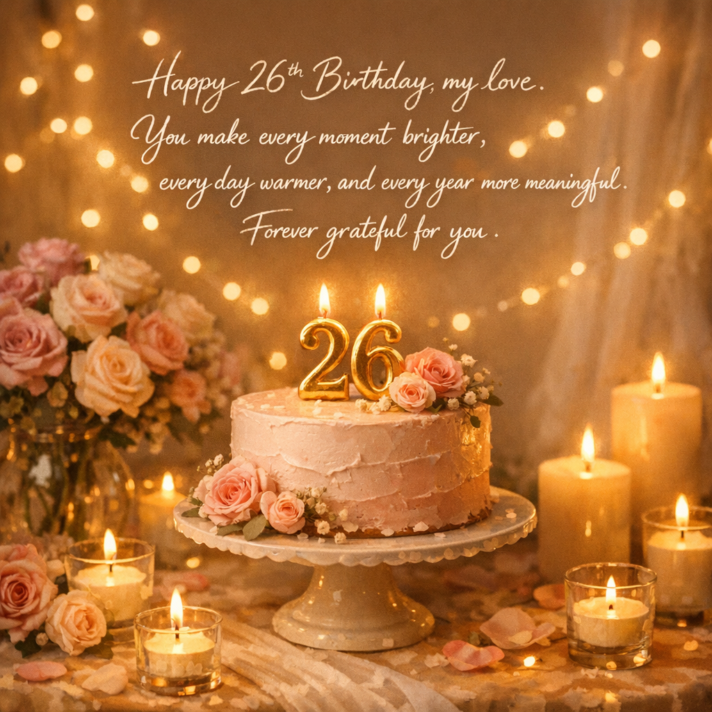 heartfelt 26th birthday wishes for him.,
Happy 26th Birthday, my love. You make every moment brighter, every day warmer, and every year more meaningful. Forever grateful for you.’