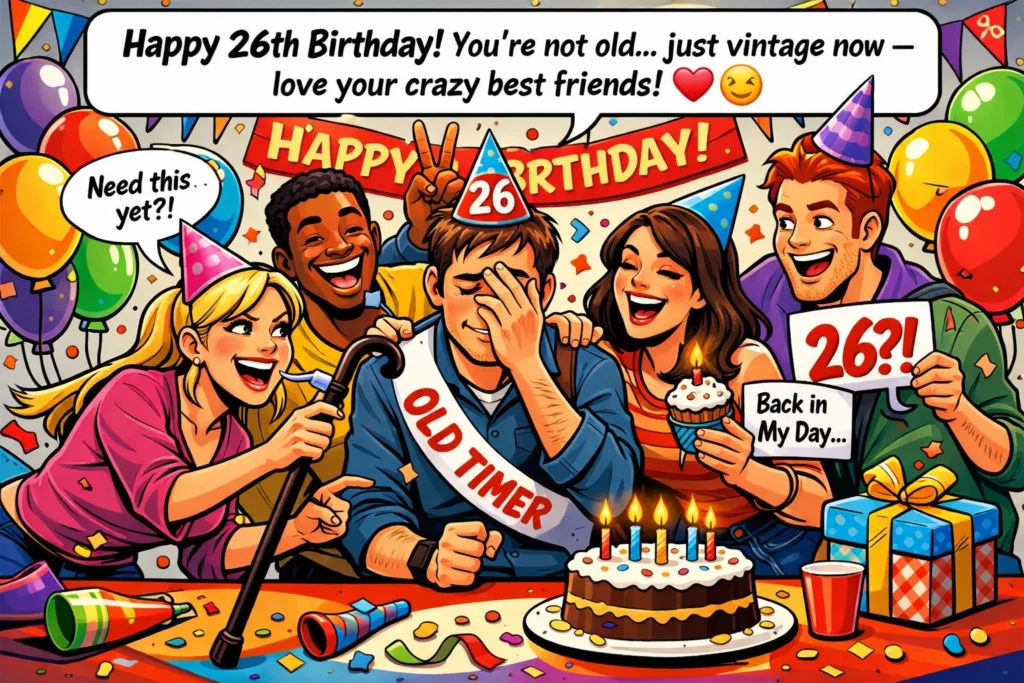 ‘Happy 26th Birthday best friend! You’re not old… just vintage now — love your crazy best friends!’