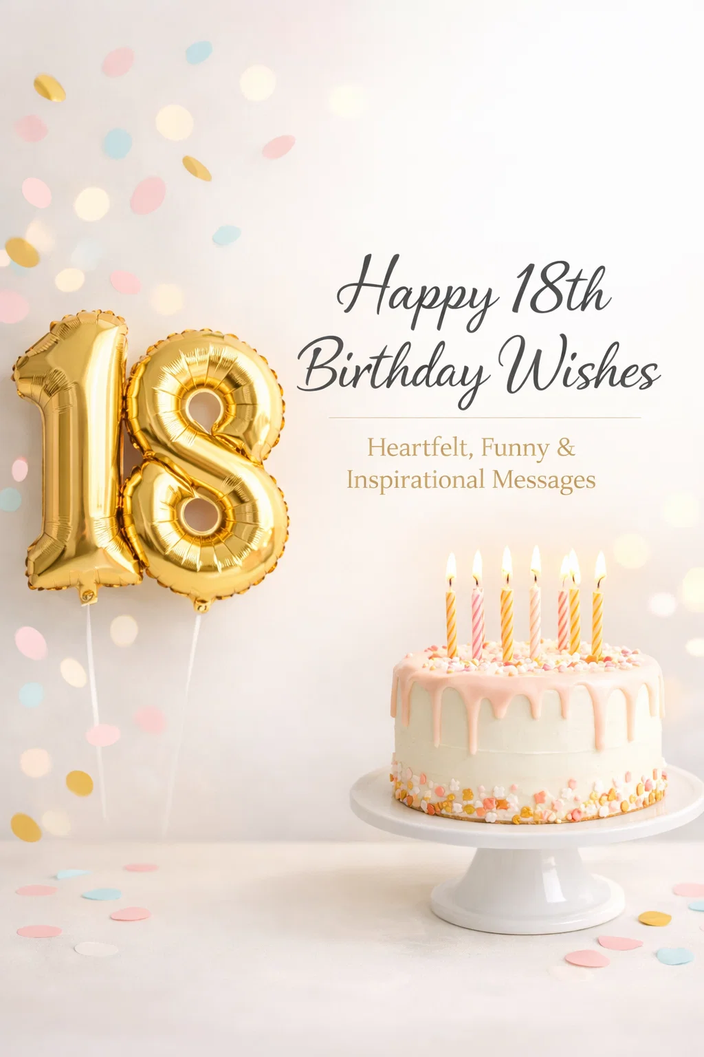 Happy 18th birthday wishes with golden 18 balloons and cake