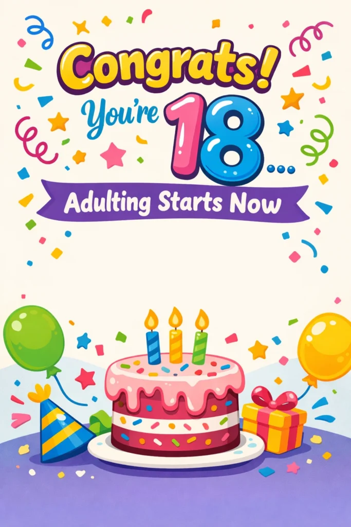 Funny 18th birthday wishes colorful cake and balloons